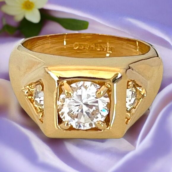 Vintage Men's Ring Size 11 18K Gold Plate CZ Mid-Century Design Gent's 14O